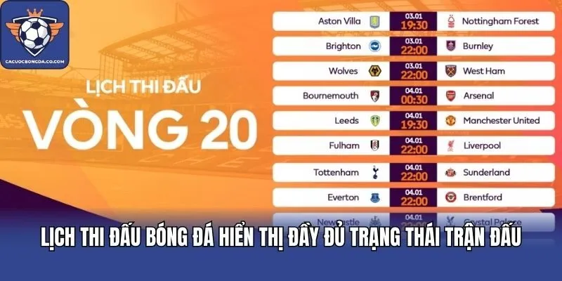 Lịch thi đấu bóng đá hiển thị đầy đủ trạng thái trận đấu